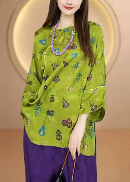 Chinese Style Green O Neck Print Patchwork Silk Shirt Fall