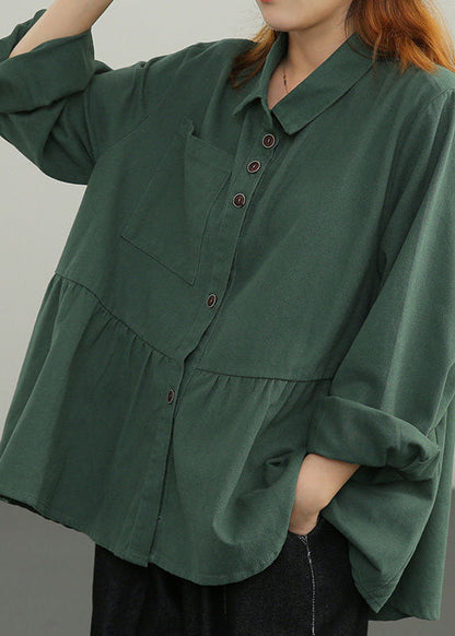 Green Oversized Patchwork Wrinkled Cotton Loose Blouse Top Long Sleeve