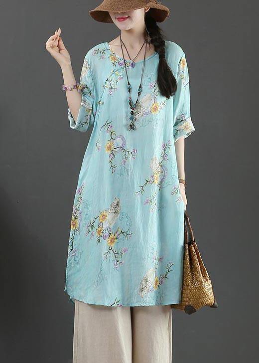Boutique Blue Print Half Sleeve Long Linen Summer Tops