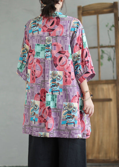 Purple Print Low High Design Linen Long Shirts Summer