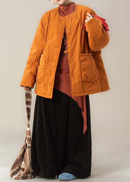 Loose Orange Pockets Parkas and Black Pants Cotton Filled Two Piece Set Winter