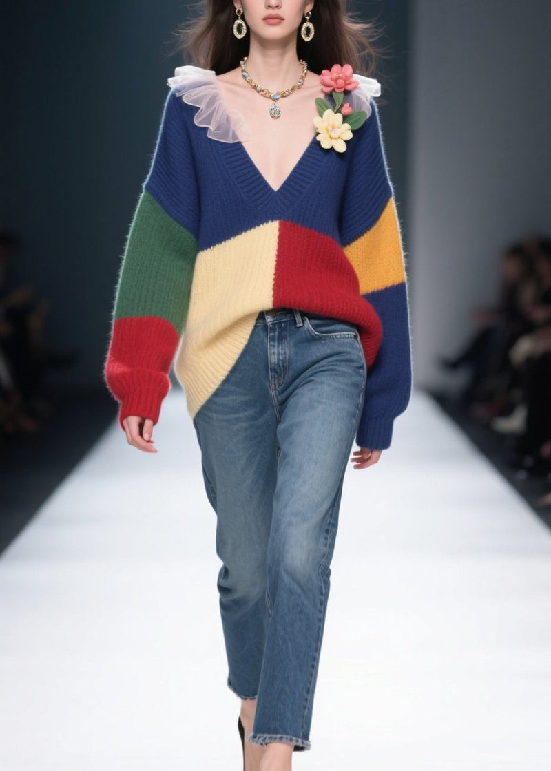 Colorblock V Neck Knit Sweaters Winter