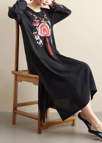 French Black Embroidery Quilting Dresses O Neck Tassel Kaftan Spring Dress