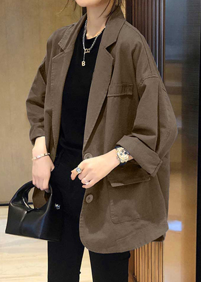 Khaki Notched Pockets Patchwork Cotton Coats Fall