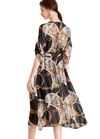 Modern Chains Black Tie Waist a Line Fall Chiffon Half Sleeve Vacation Dress
