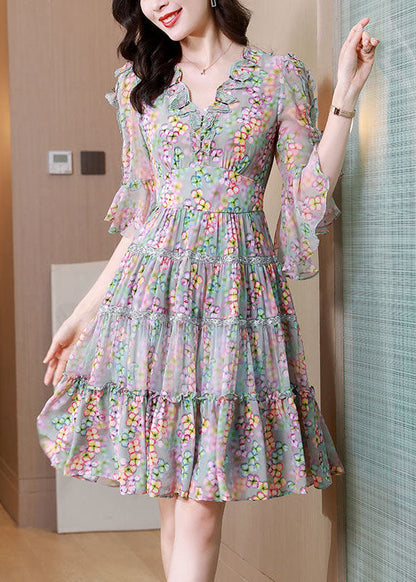 Colorblock V Neck Ruffled Patchwork Print Silk Dress Summer