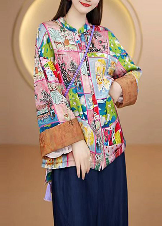 Chinese Style O-neck Print Loose Silk Coat Fall