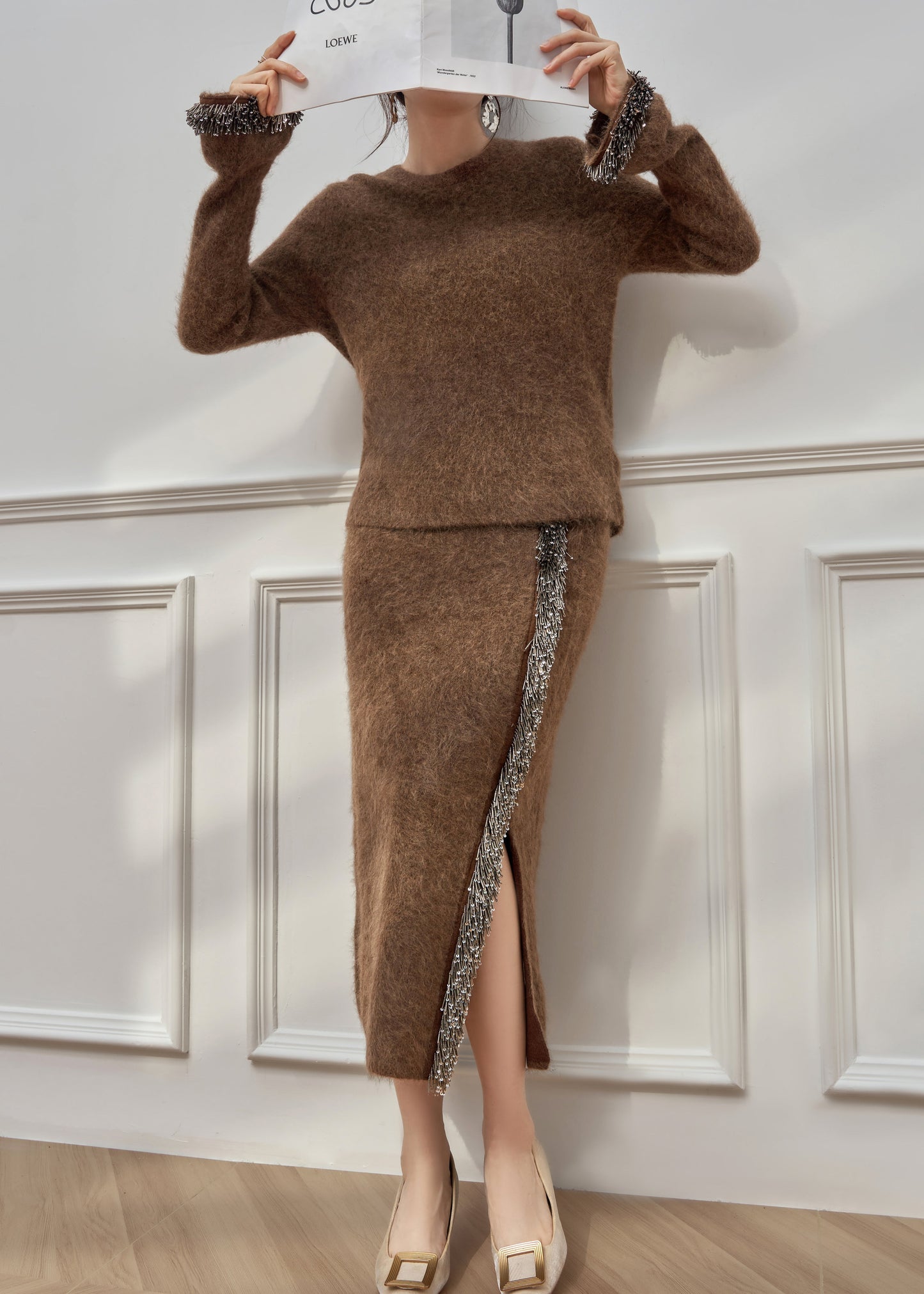 Brown Tasseled Side Open Knit Two Pieces Set Winter