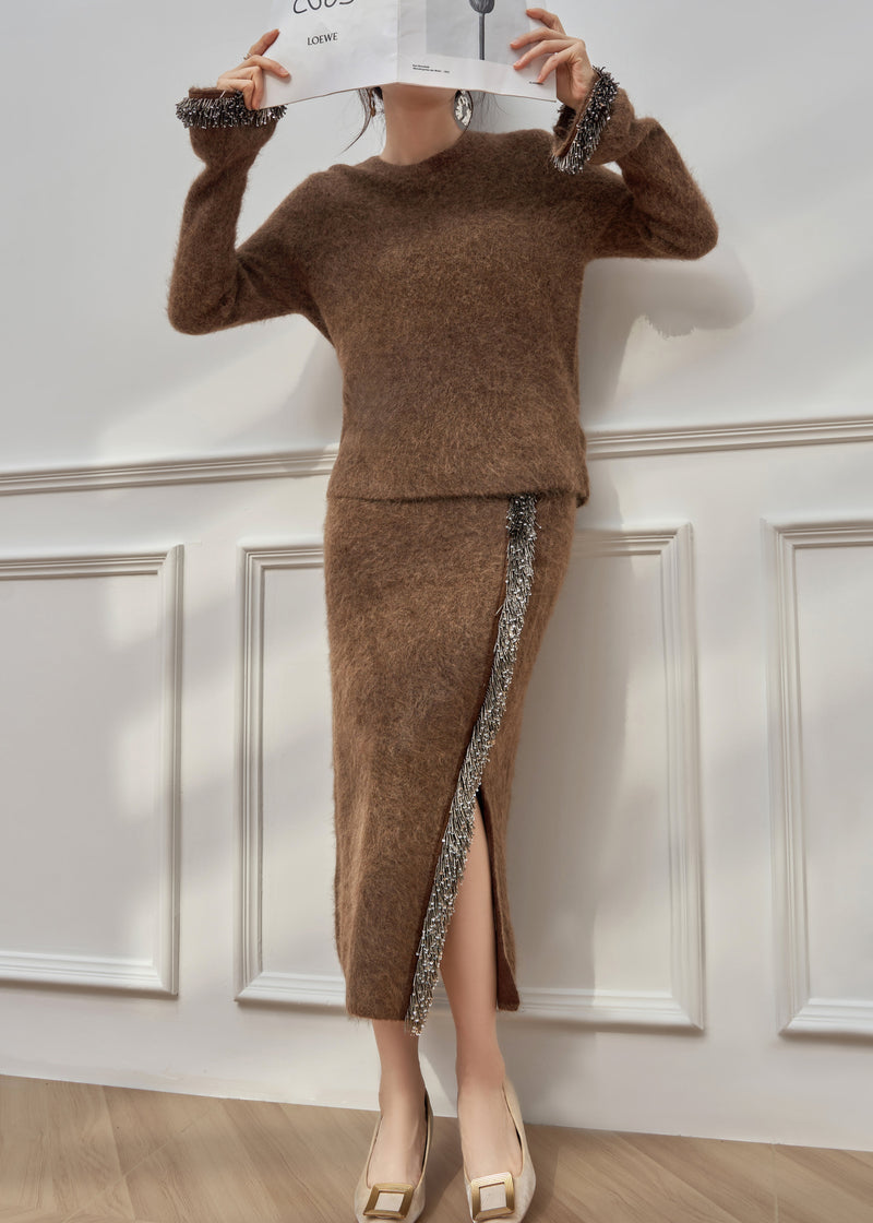 Brown Tasseled Side Open Knit Two Pieces Set Winter