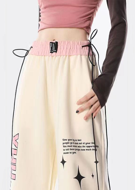 American Style Apricot Graphic Drawstring Cotton Straight Pants Spring