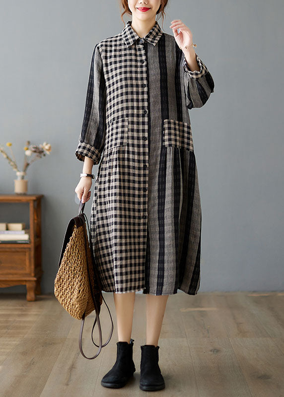 Khaki Peter Pan Collar Plaid Cotton Dresses Spring