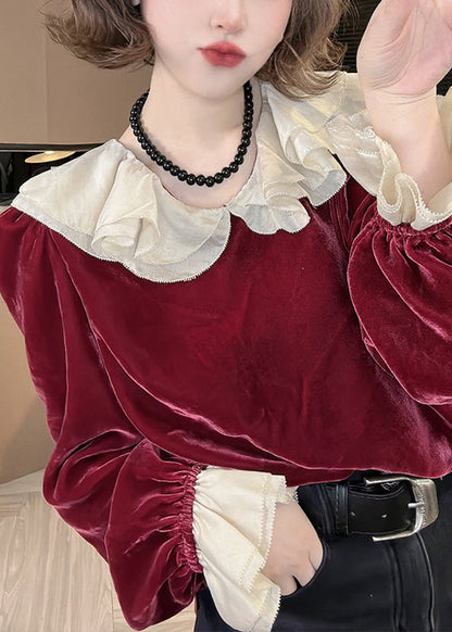 Red Ruffled Silk Velour Top Flare Sleeve