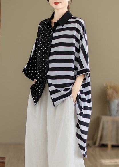 Black Peter Pan Collar Low High Design Cotton Shirt Summer
