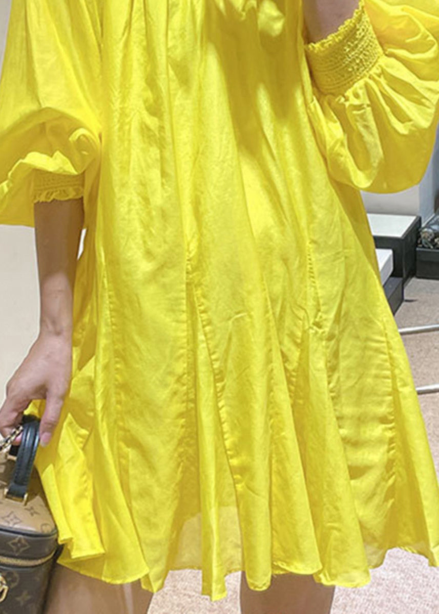 French Yellow V Neck Cotton Mid Dress Fall