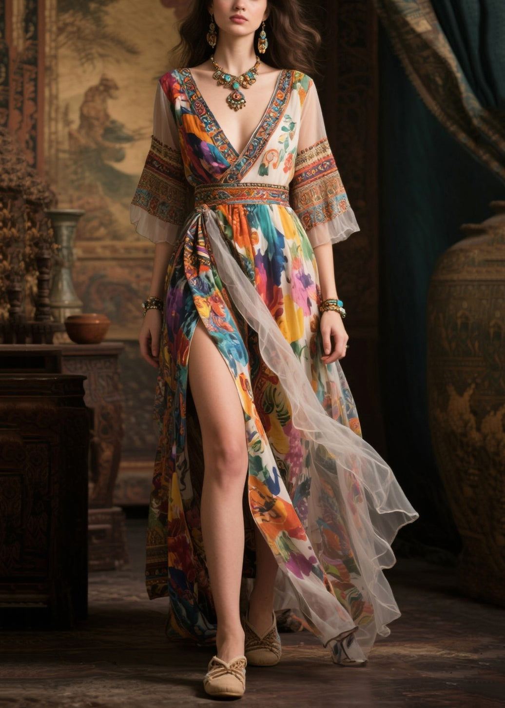 Khaki Print Exra Large Hem Chiffon Long Dresses Summer
