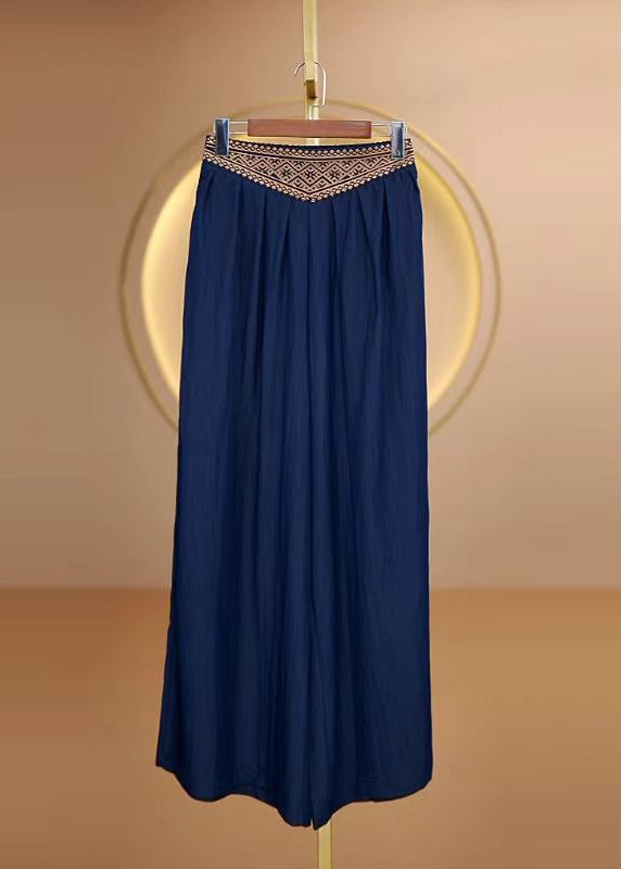 Blue Embroidered Elastic Waist Cotton Pants Fall