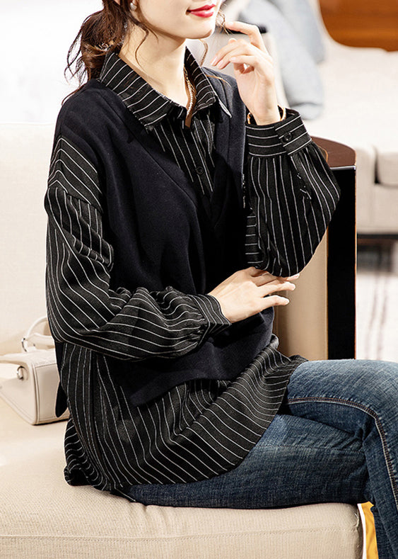 Black Striped Peter Pan Collar Patchwork Cotton Shirt Long Sleeve