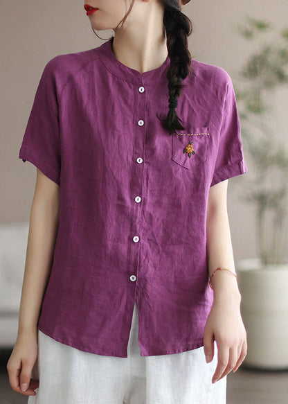 Purple Embroideried Pocket Linen Shirt Top Short Sleeve