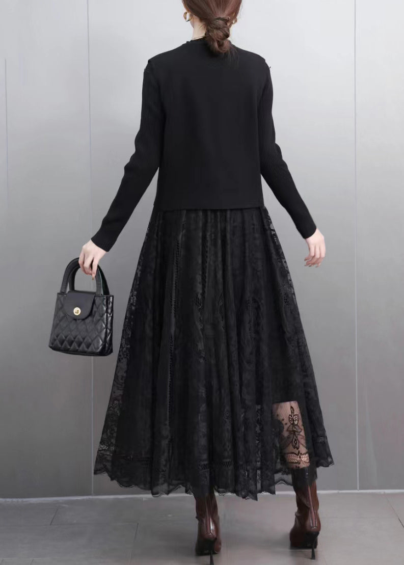 Black Button Waistcoat and a Line Skirts Lace Two Pieces Set Spring