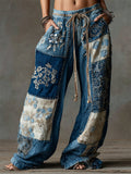 Boho Floral Embroidered Colorblock Flowy Wide Leg Linen Pants