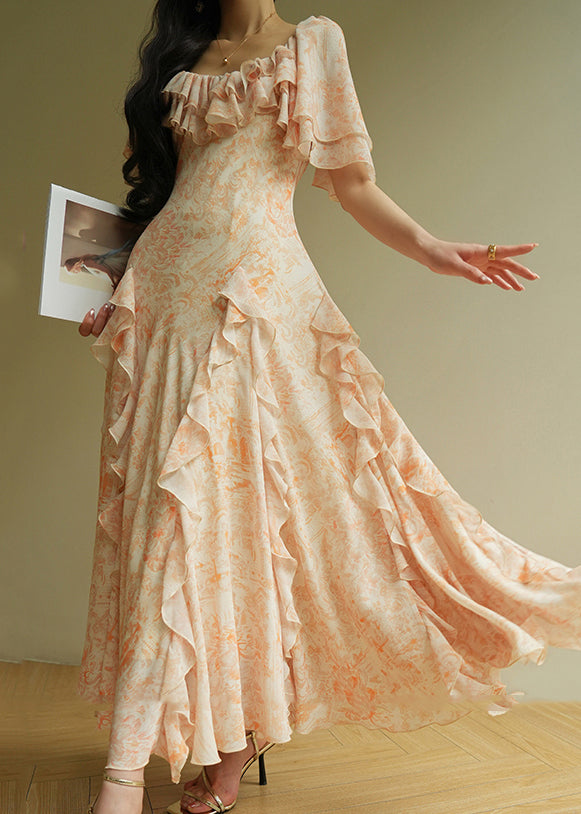 French Orange O-neck Ruffled Maxi Dresses Summer