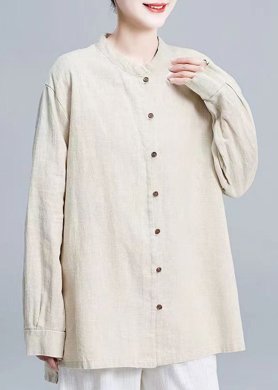 New Linen Stand Collarbutton Patchwork Linen Shirt Tops Fall