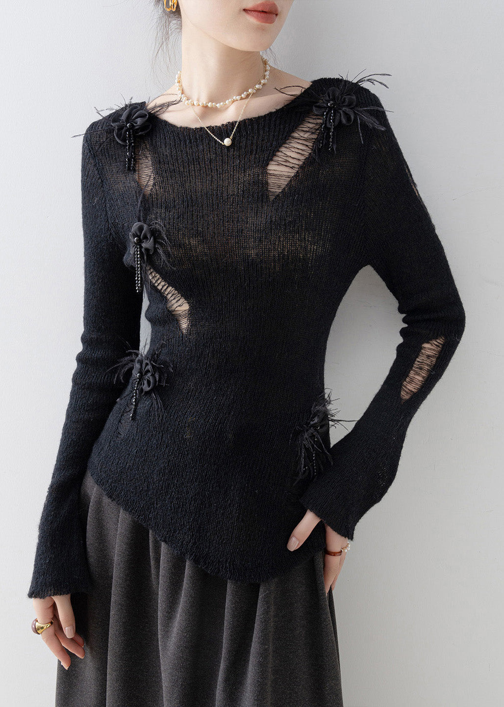 Black O Neck Tassel Knit Top Spring
