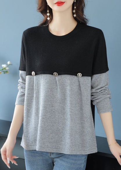 Grey O Neck Patchwork Knit Sweater Spring