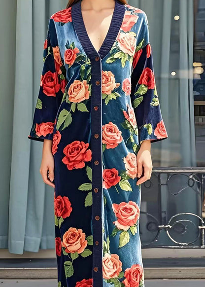 Italian Navy V Neck Silk Velour Long Dress Spring