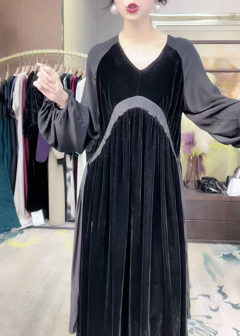 Loose Black V Neck Patchwork Silk Velour Long Dress Winter
