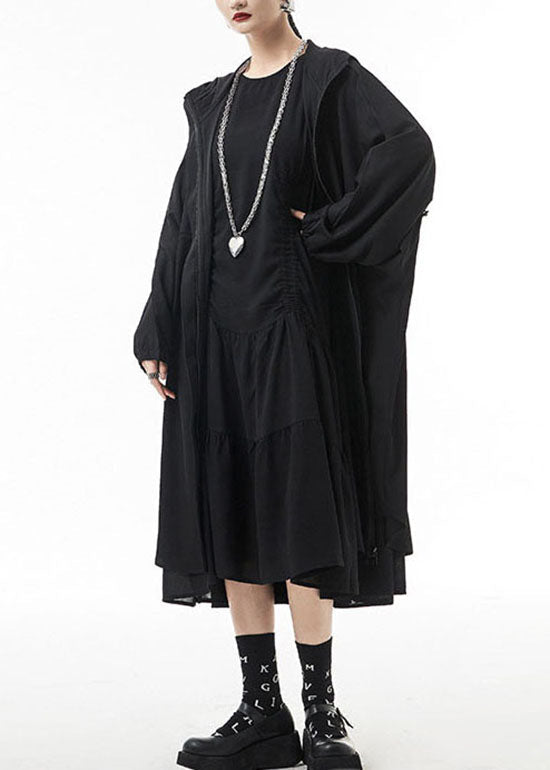 Black Zippered Hooded Drawstring Chiffon Trench Coats Spring