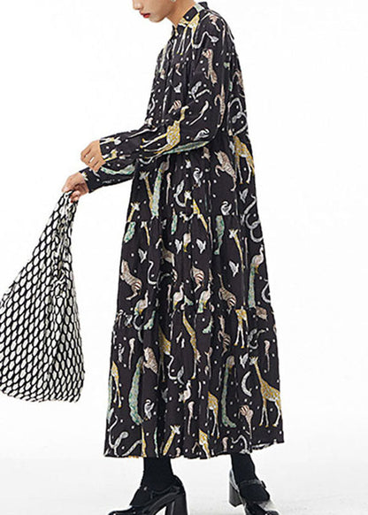 Black Stand Collar Animal Print Patchwork Cotton Shirts Dress Spring