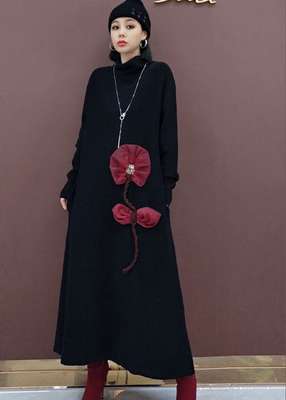 Black Turtle Neck Knit Knit Sweater Dress Spring