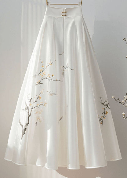 New Retro White High Waist Print Silk a Line Skirt Fall