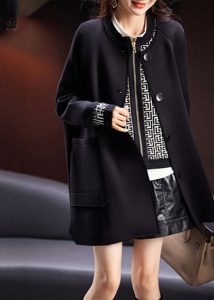 Loose Black O-neck Pockets Button Coats Long Sleeve