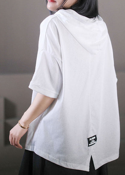 French Orange Hooded Letter Print Cotton Pullover Short Sleeve