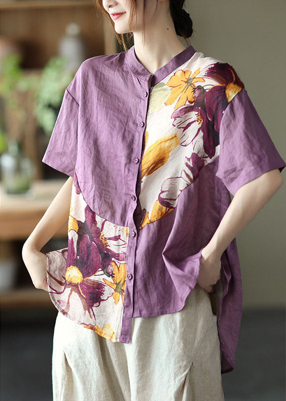 Diy Purple Button Patchwork Fall Half Sleeve Top