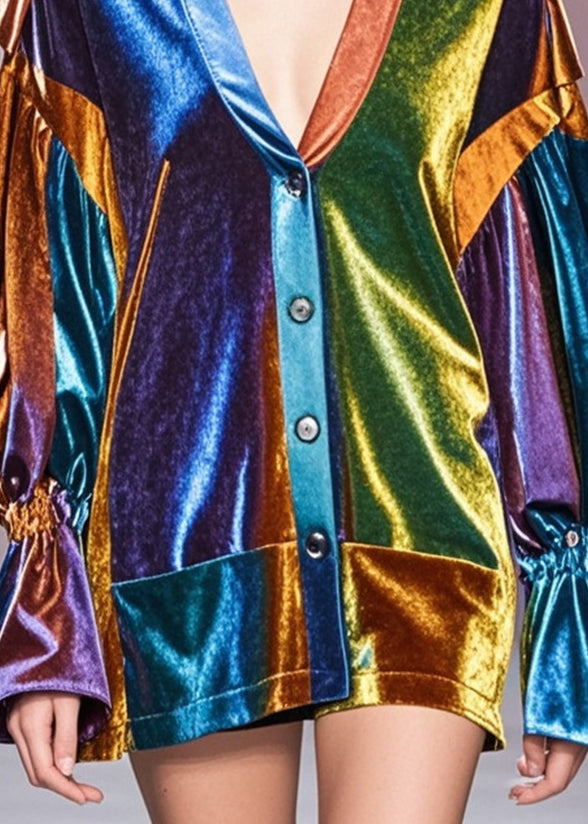 Multicolour V Neck Patchwork Silk Velvet Coats Fall