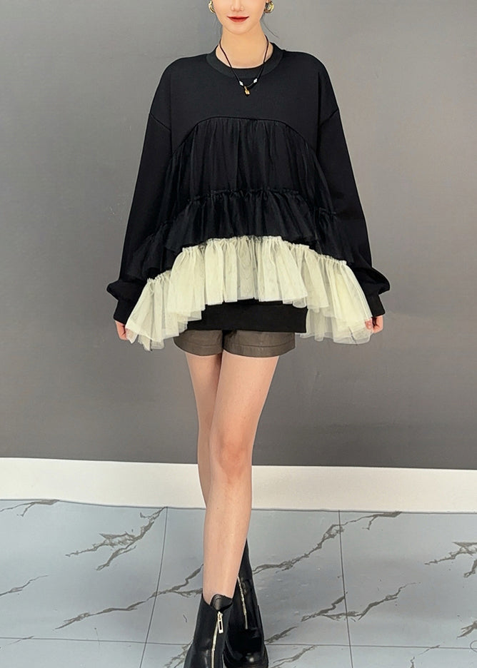 Stylish Black O-neck Patchwork Wrinkled Shirt Spring