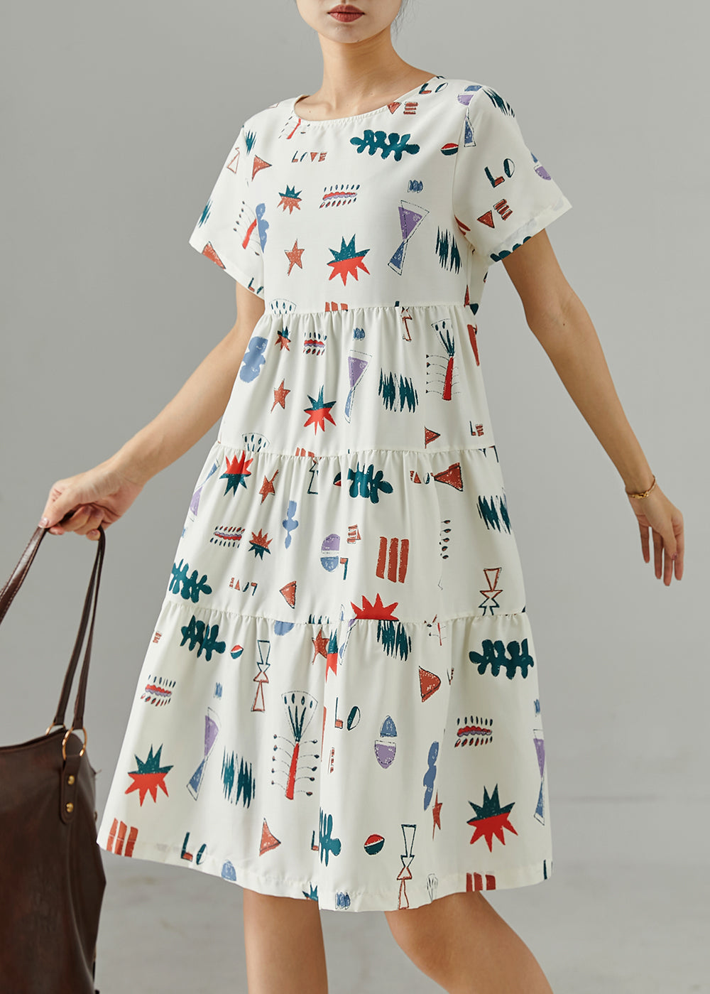 Stylish White O-neck Print Mid Dress Summer