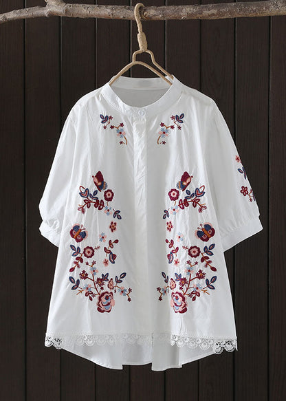 Navy Embroidered Low High Design Cotton Blouse Top Summer