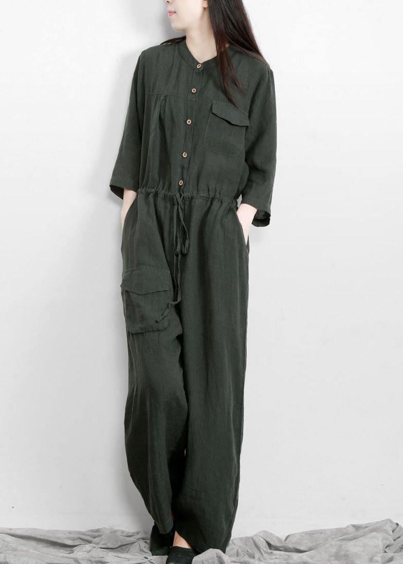 Fitted Tea Green Button Drawstring Fall Linen Jumpsuit Pants