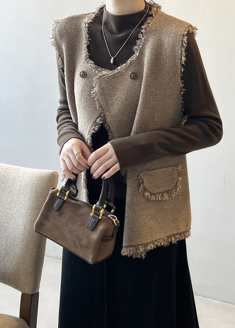 Coffee Knit Vest Tops Tasseled U Neck Sleeveless