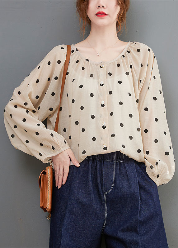 Apricot Loose Button Print Fall Dot Long Sleeve Tops