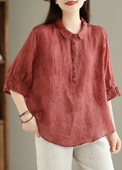 Navy Peter Pan Collar Print Cotton Shirt Top Summer
