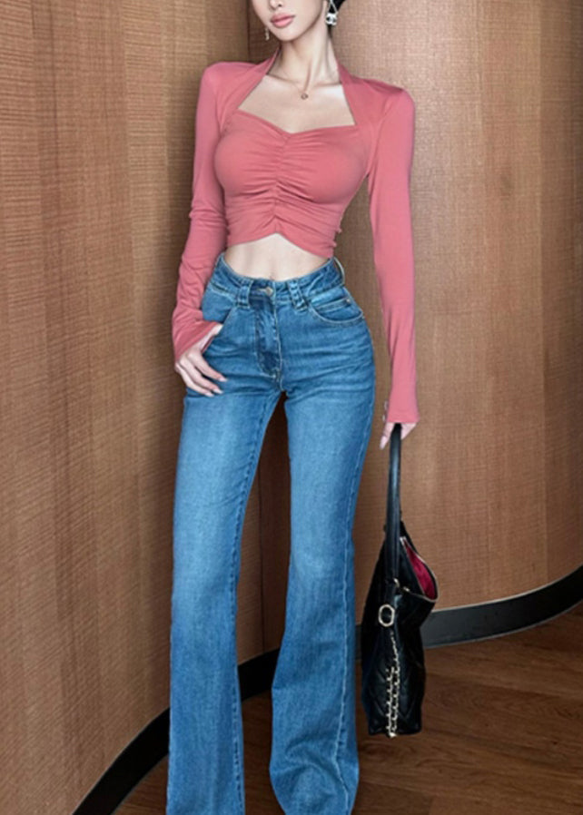 New Pink Wrinkled Short T Shirt Top Autumn