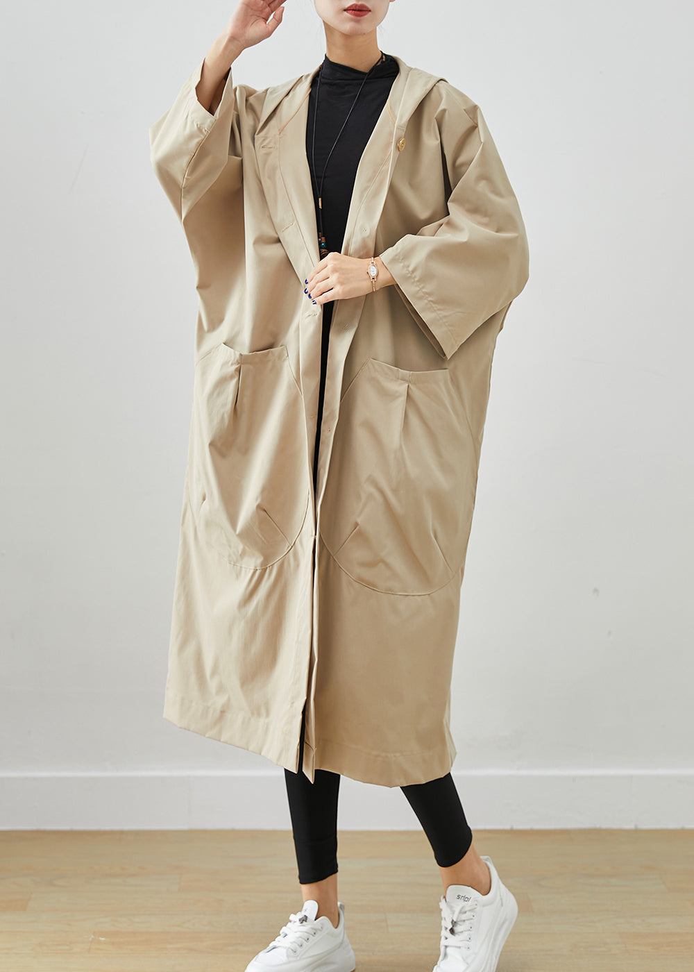 Beige Hooded Oversized Cotton Coats Batwing Sleeve
