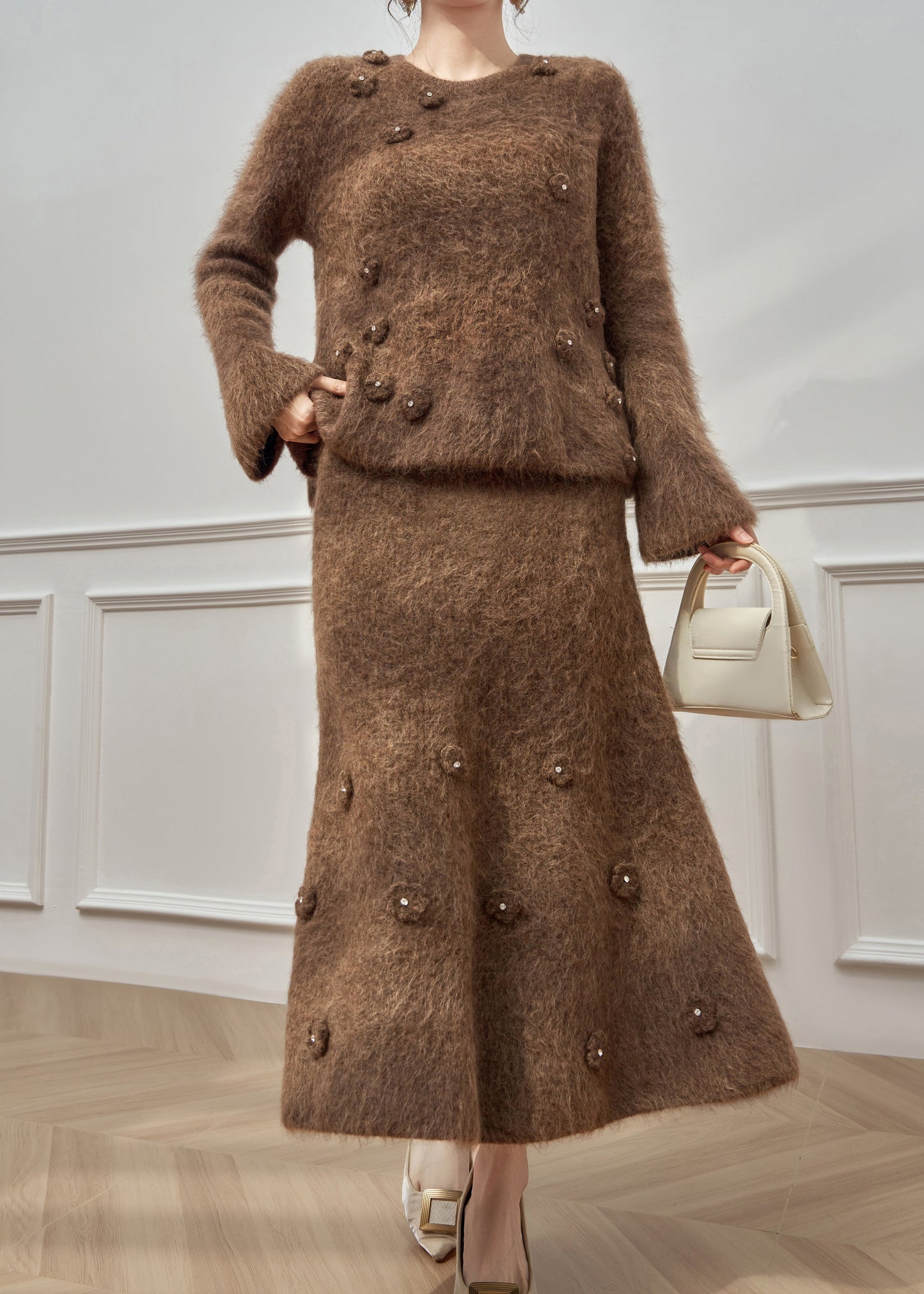 New Brown O-neck Cotton Knit Sweaters and Maxi Skirts Two Pieces Set Spring