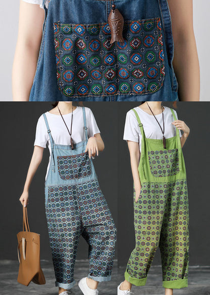 Loose Dark Blue Print Denim Jumpsuit Spring