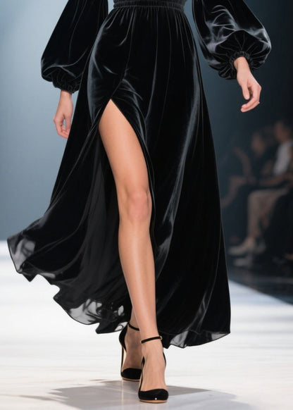 Black V Neck Side Open Velvet Long Dress Fall